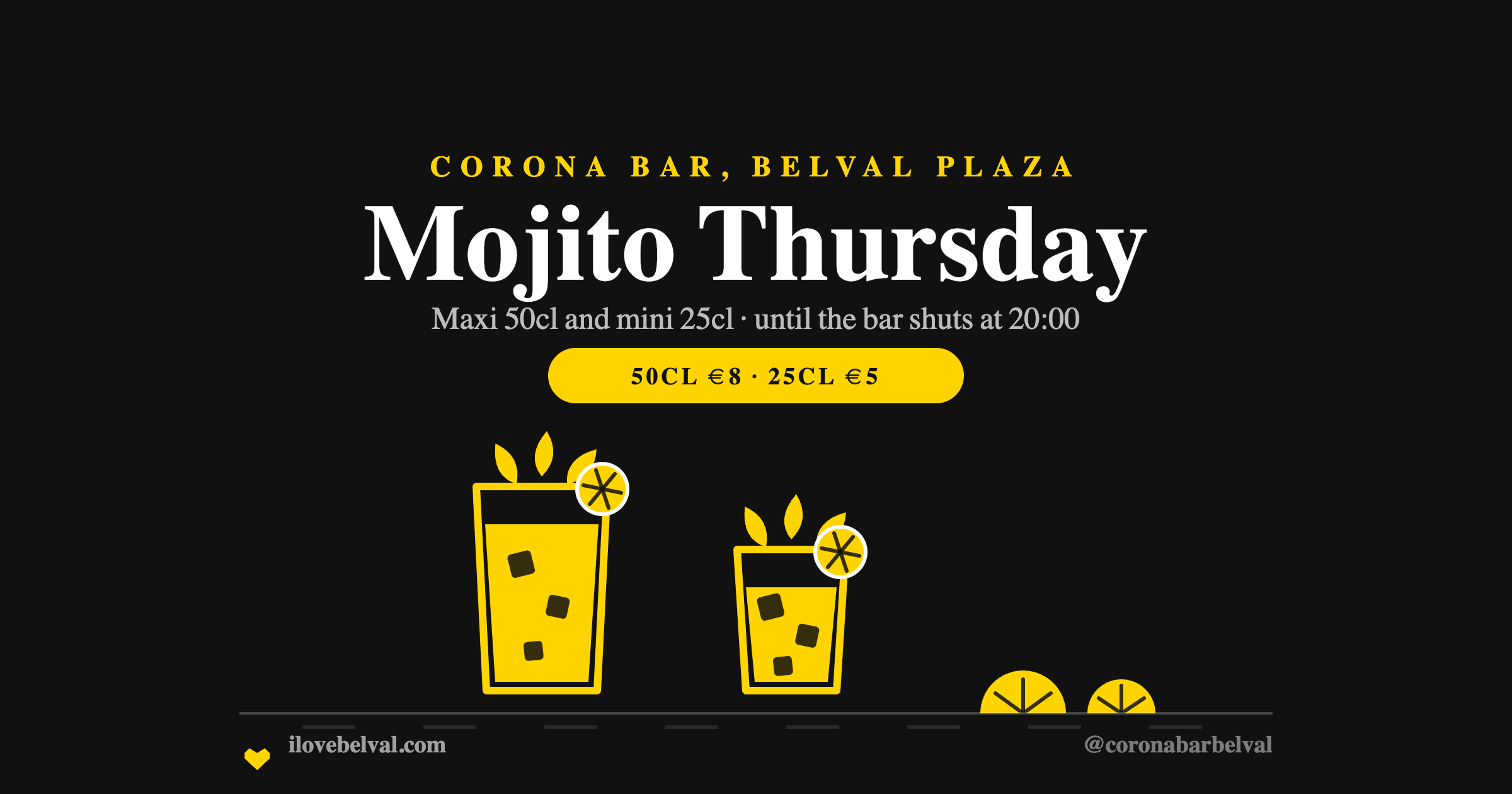 Two yellow mojito glasses with mint, ice and lime, and lime halves on the counter, on a black background, headed Mojito Thursday