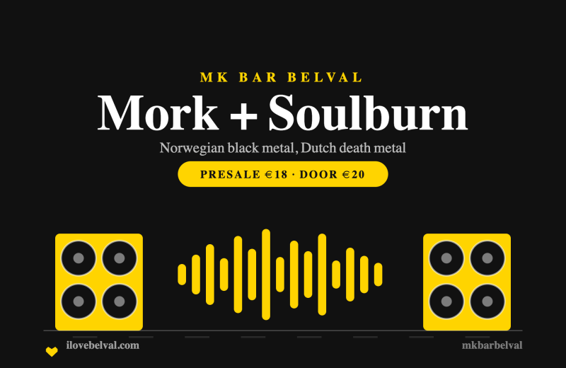 Mork and Soulburn at MK Bar Belval: two speaker cabinets and a waveform in the I Love Belval house style