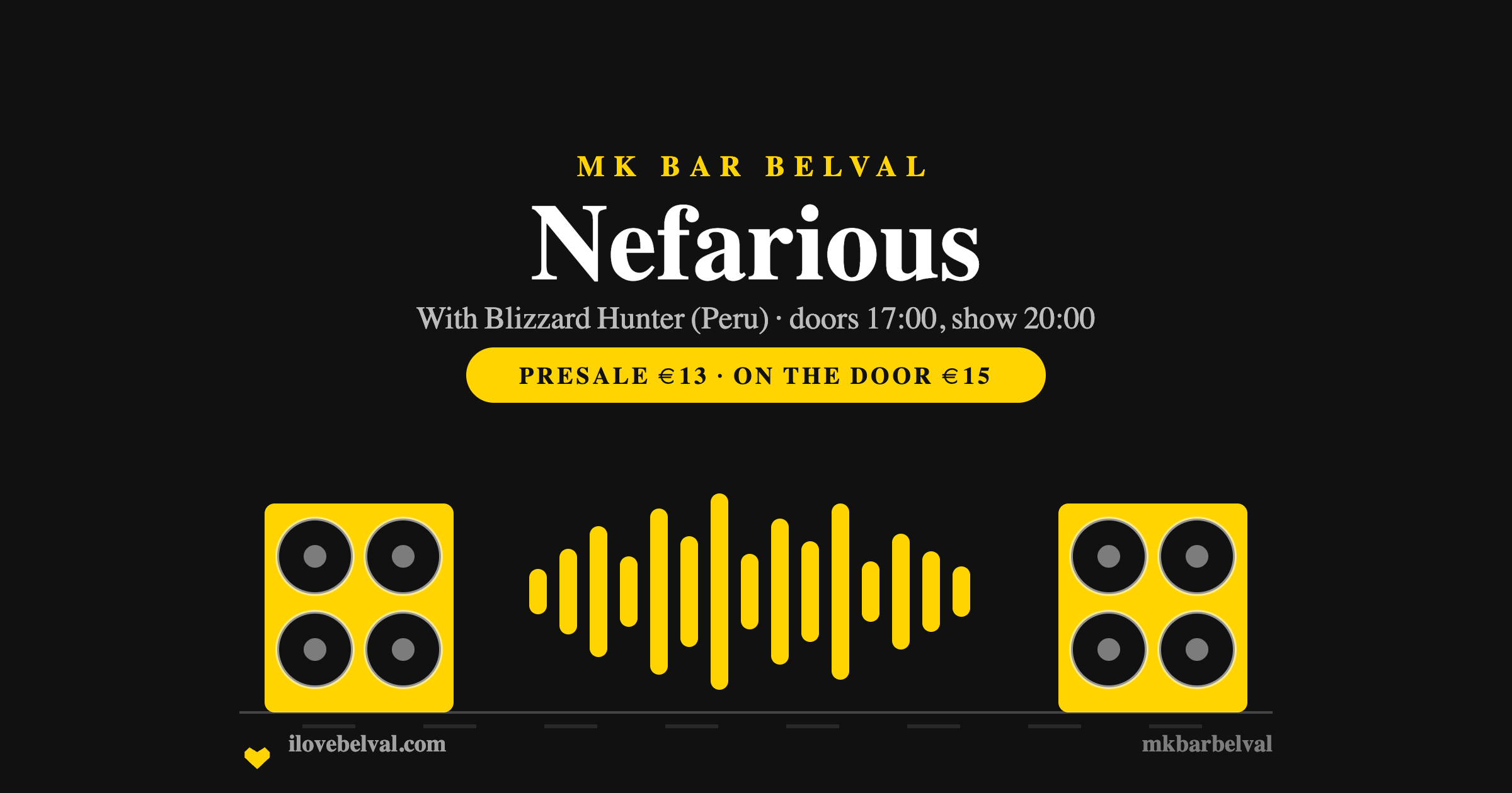 Two yellow speaker cabinets either side of a yellow audio waveform on black, headed Nefarious