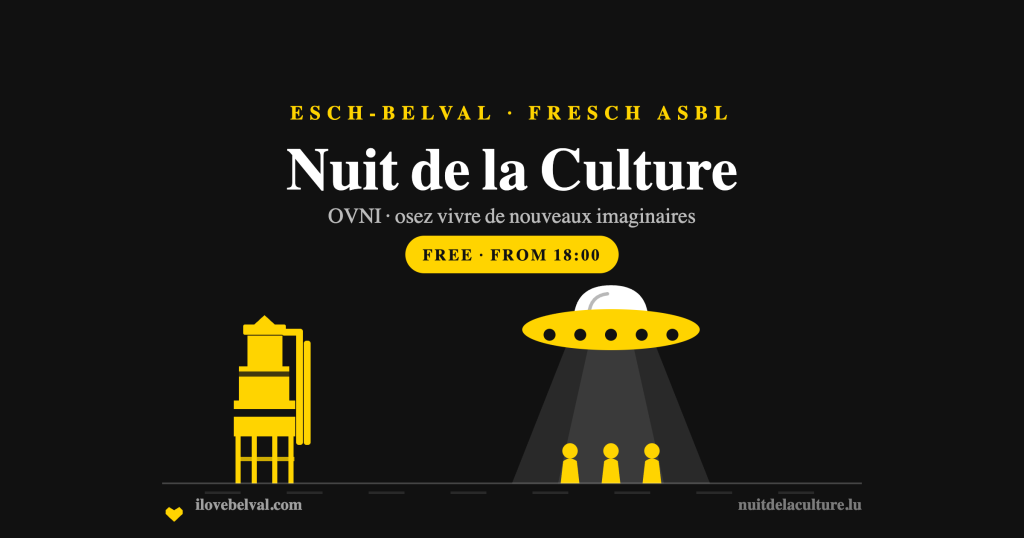 Nuit de la Culture in Esch-Belval: a flying saucer beaming down over a blast furnace, in the I Love Belval house style