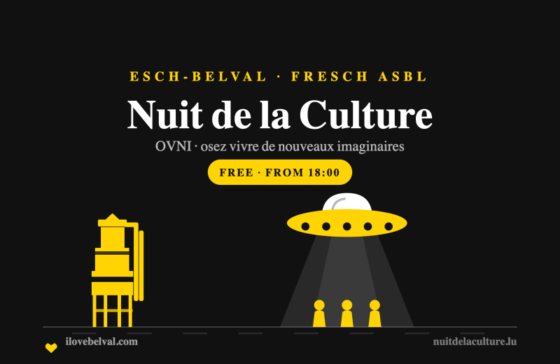 Nuit de la Culture in Esch-Belval: a flying saucer beaming down over a blast furnace, in the I Love Belval house style