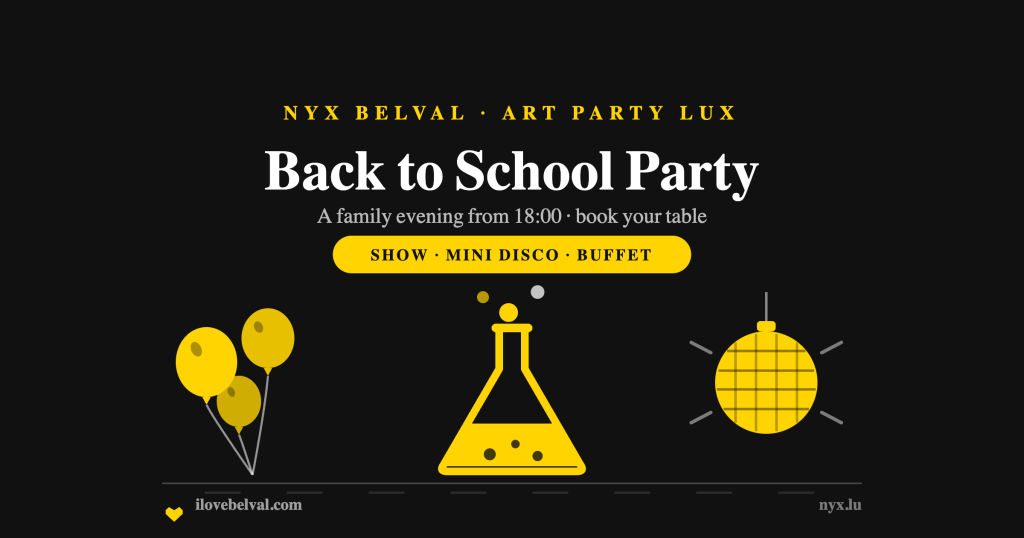 Back to School Party at Nyx Belval: balloons, a bubbling flask and a mirror ball in the I Love Belval house style