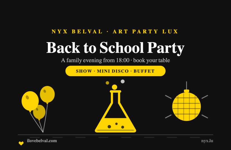 Back to School Party at Nyx Belval: balloons, a bubbling flask and a mirror ball in the I Love Belval house style