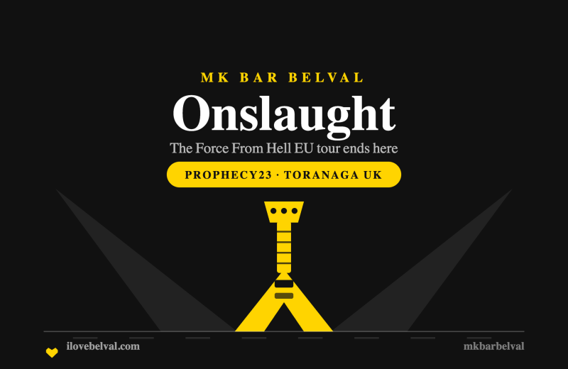 Onslaught at MK Bar Belval: a flying V guitar under two stage beams in the I Love Belval house style