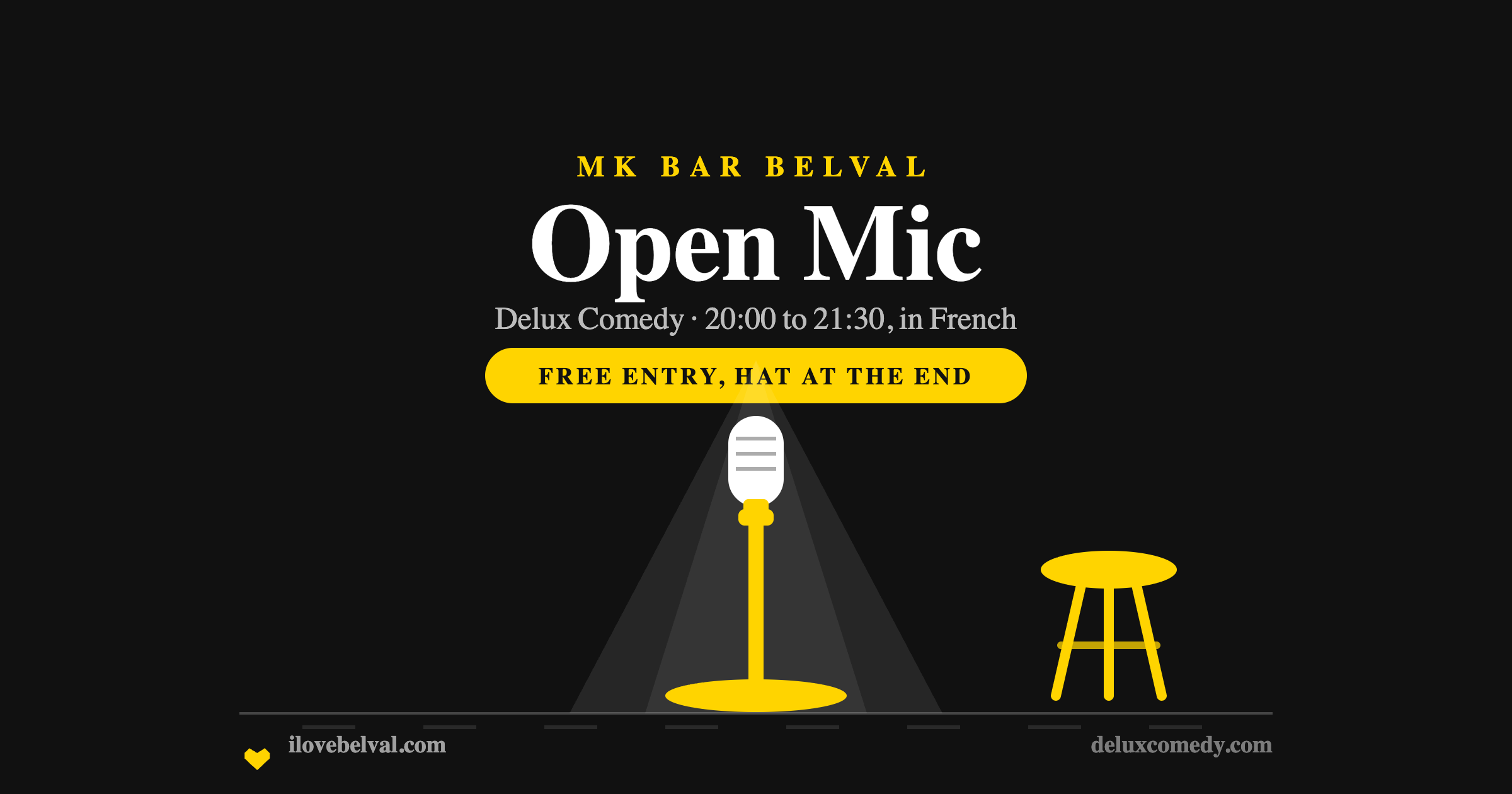 A microphone on a stand under a spotlight beside a bar stool, in yellow on black, headed Open Mic