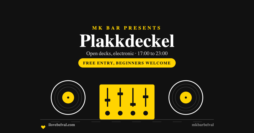 Two turntable jog wheels either side of a yellow mixer with faders, on black, headed Plakkdeckel