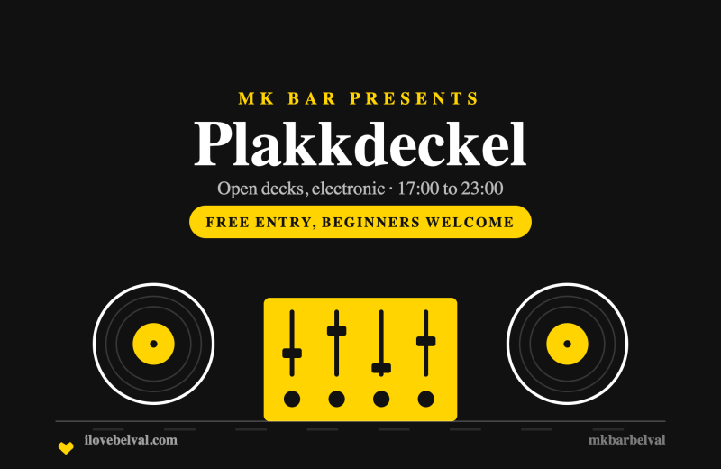 Two turntable jog wheels either side of a yellow mixer with faders, on black, headed Plakkdeckel