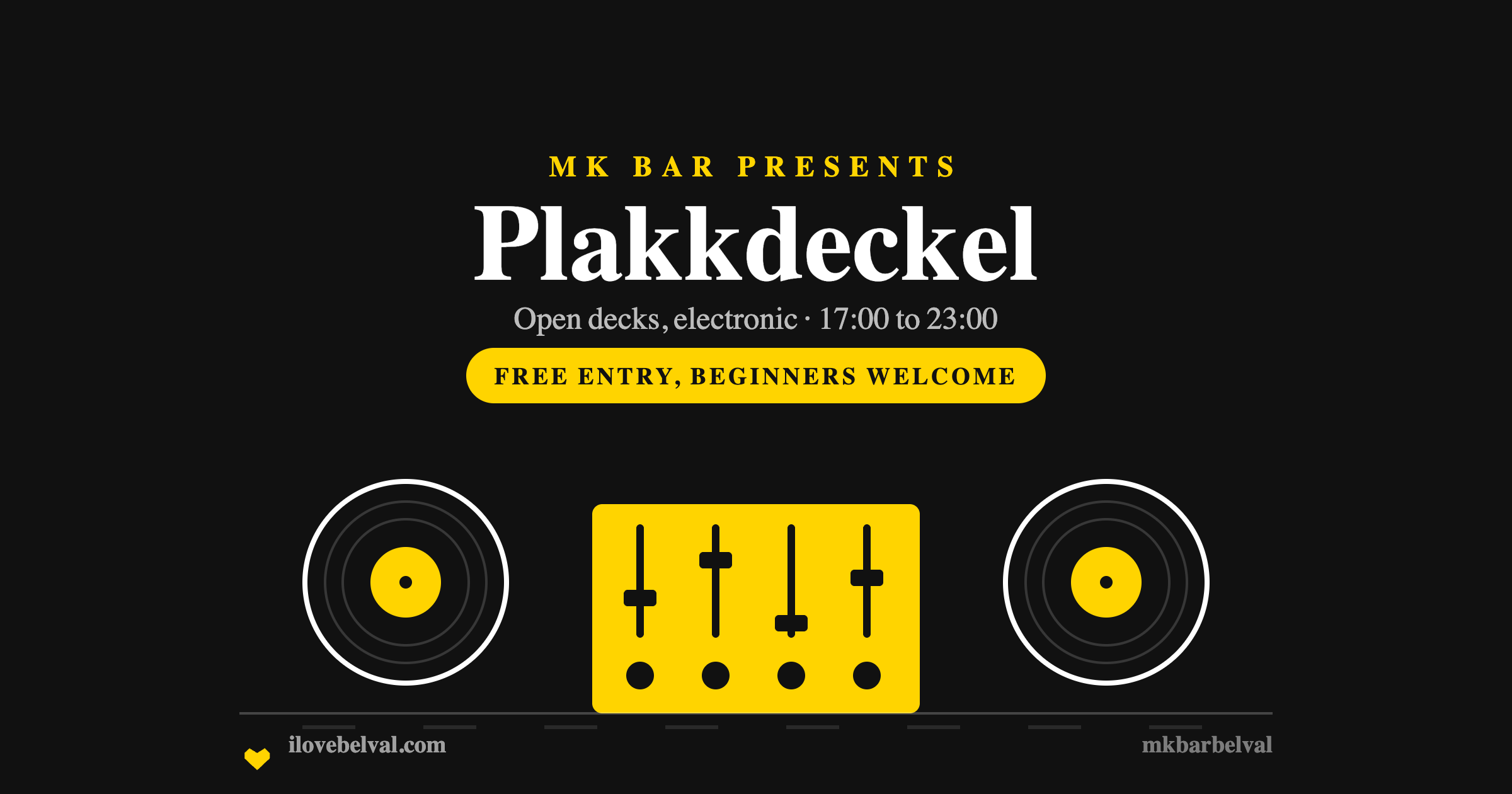 Two turntable jog wheels either side of a yellow mixer with faders, on black, headed Plakkdeckel
