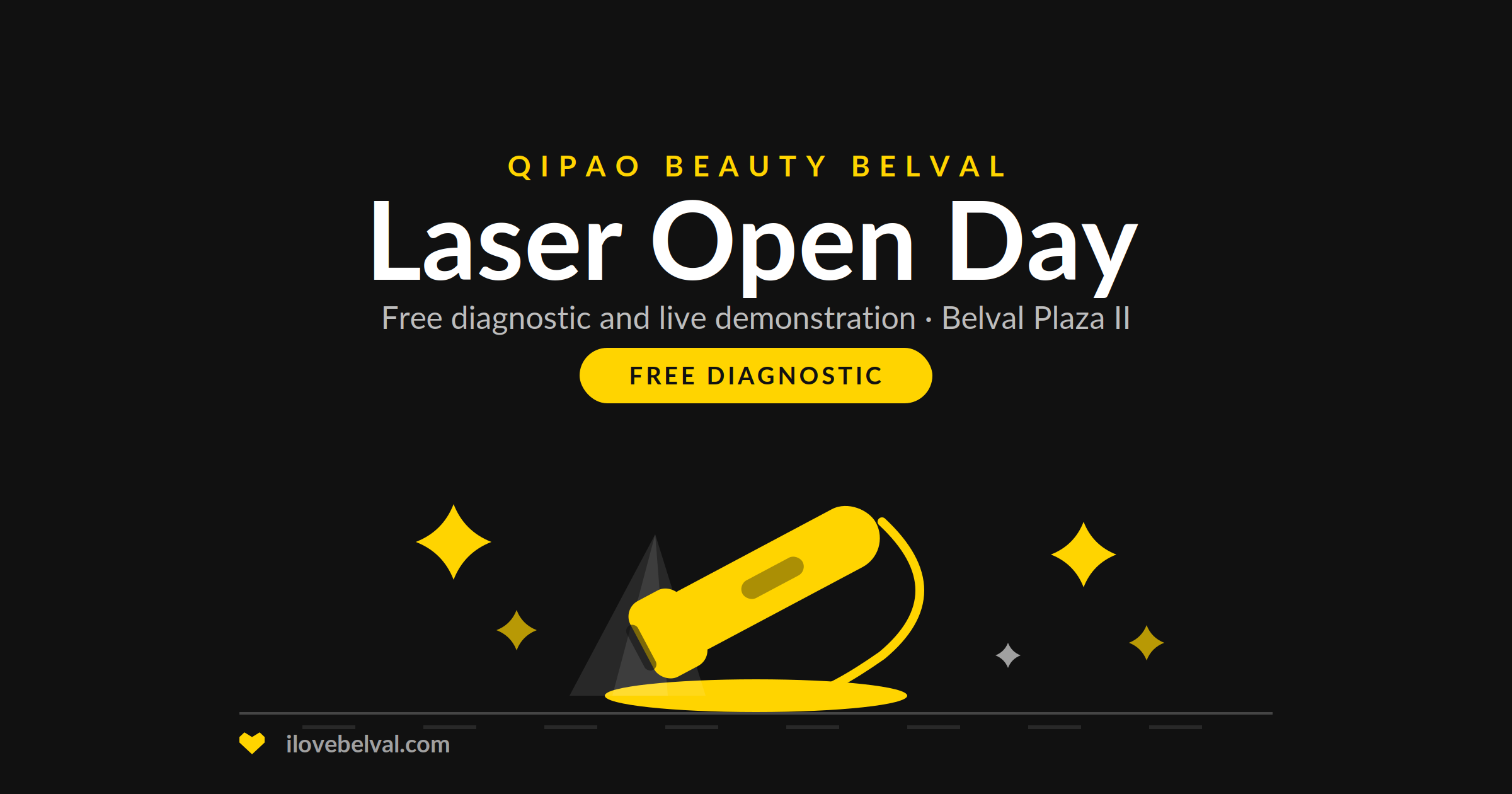 Laser Open Day at Qipao Beauty, Belval Plaza II: a treatment handpiece on a stand with sparkles, on a dark ground, free diagnostic