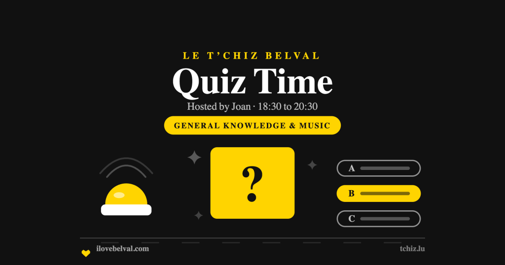 A yellow quiz card with a question mark, a buzzer and three answer bars, on black, headed Quiz Time