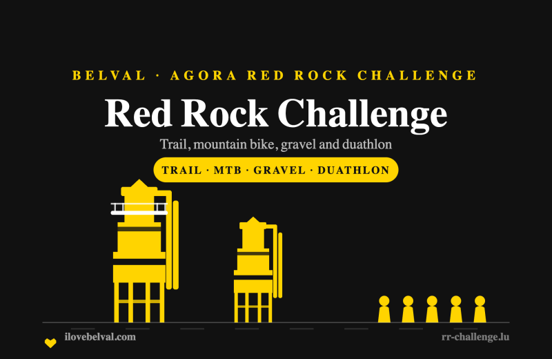 Agora Red Rock Challenge in Belval: the two blast furnaces with a line of participants, in the I Love Belval house style