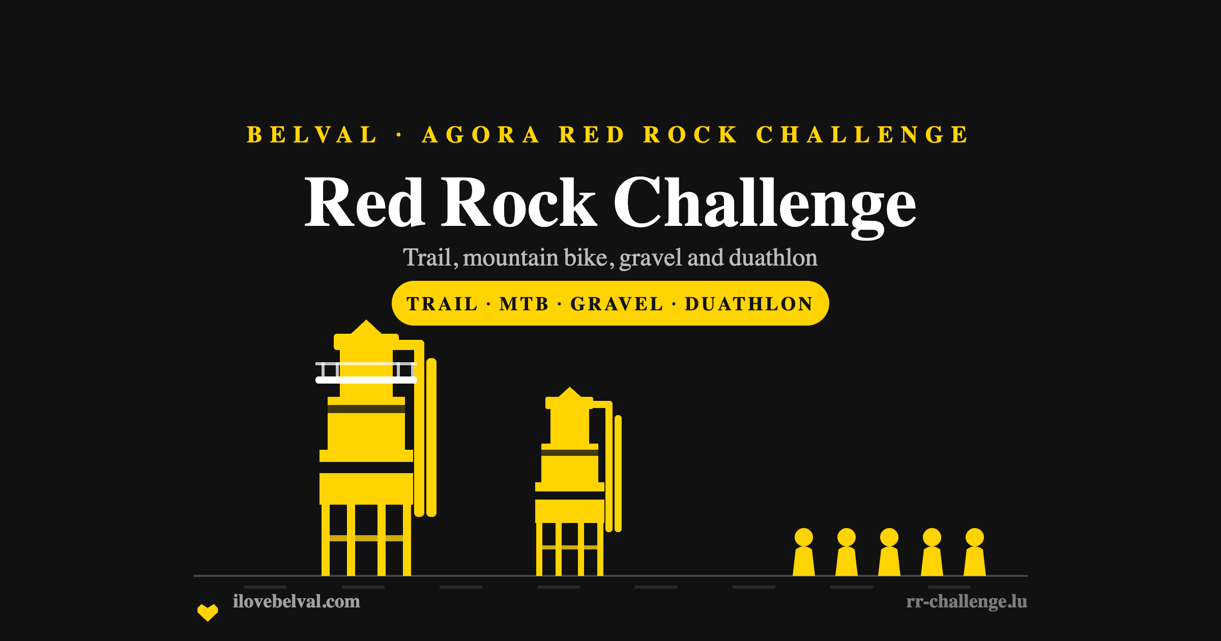 Agora Red Rock Challenge in Belval: the two blast furnaces with a line of participants, in the I Love Belval house style