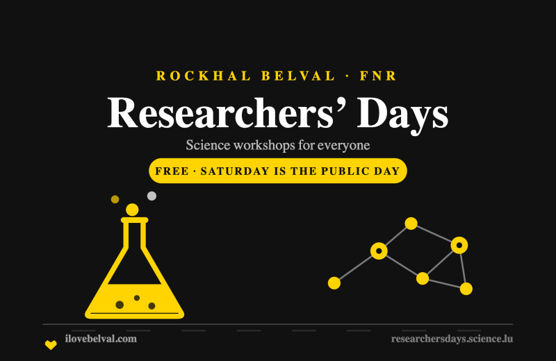 Researchers Days at the Rockhal in Belval: a bubbling conical flask and a cluster of connected nodes, in the I Love Belval house style