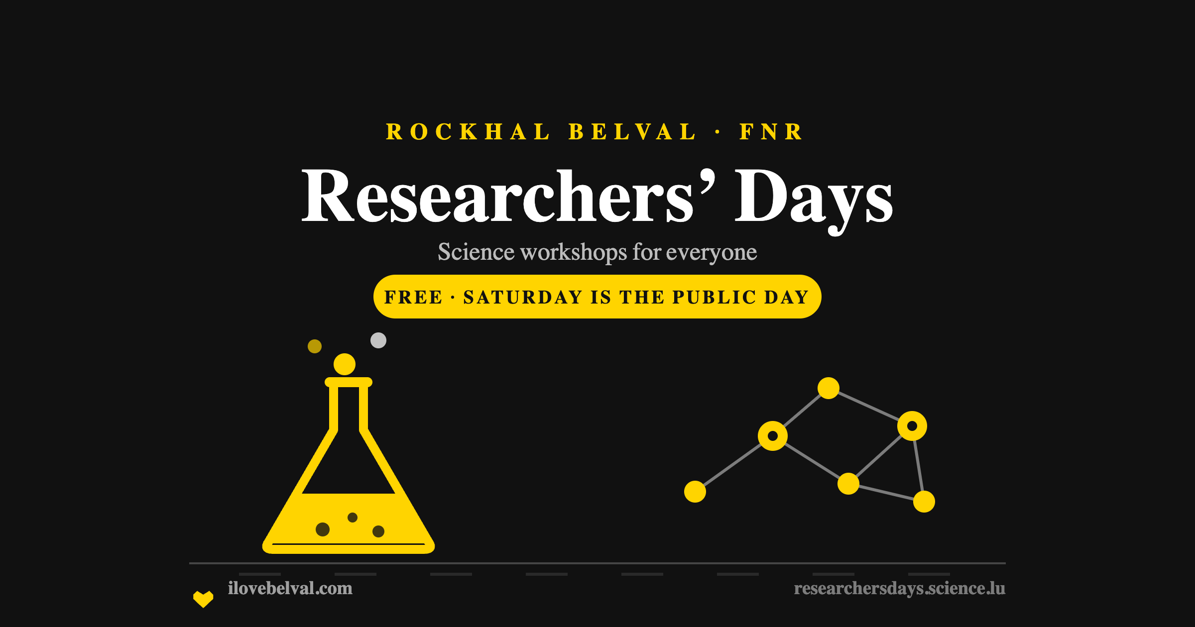Researchers Days at the Rockhal in Belval: a bubbling conical flask and a cluster of connected nodes, in the I Love Belval house style