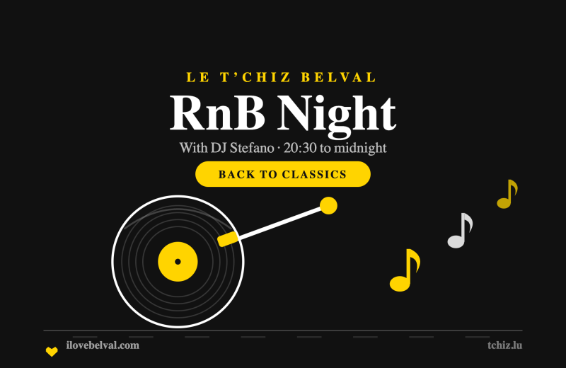A yellow-labelled vinyl record with a tonearm and rising music notes on black, headed RnB Night