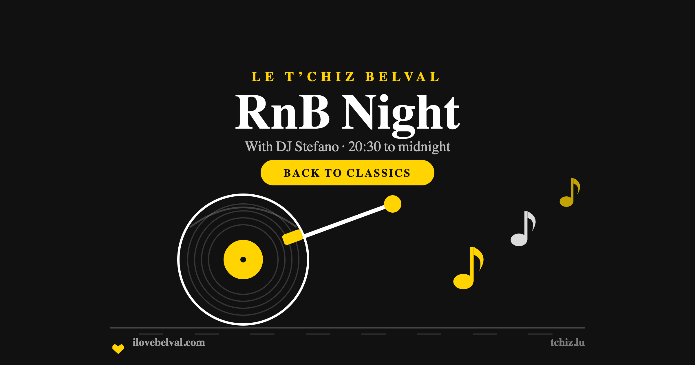 A yellow-labelled vinyl record with a tonearm and rising music notes on black, headed RnB Night