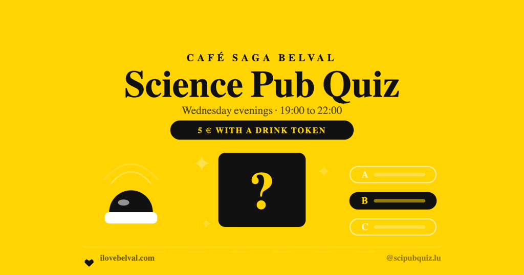 A black quiz card with a yellow question mark, a buzzer and three answer bars, on yellow, headed Science Pub Quiz
