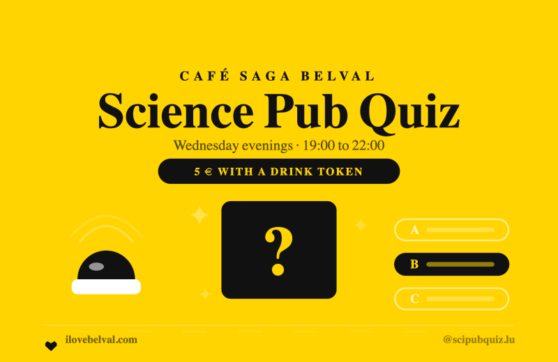 A black quiz card with a yellow question mark, a buzzer and three answer bars, on yellow, headed Science Pub Quiz
