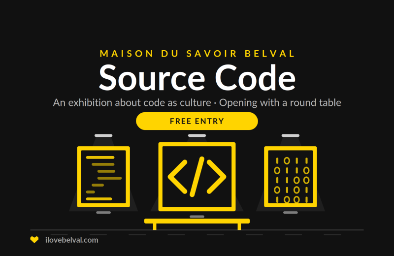 Source Code exhibition at the Maison du Savoir in Belval: three framed works of code on a gallery wall with a bench, free entry