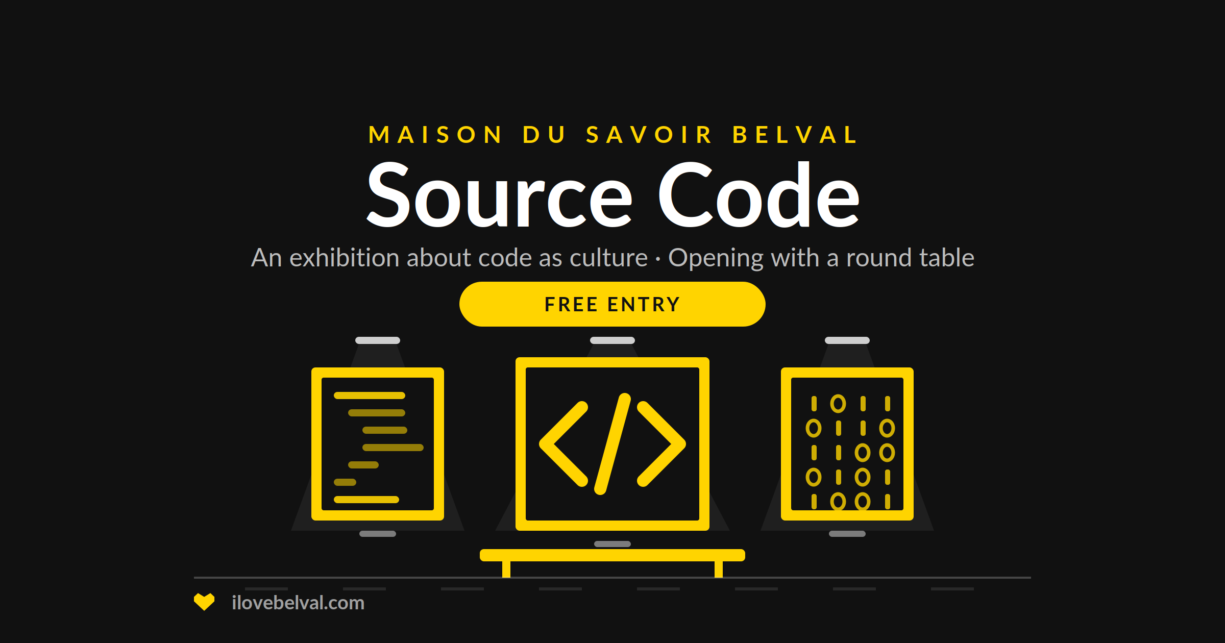 Source Code exhibition at the Maison du Savoir in Belval: three framed works of code on a gallery wall with a bench, free entry