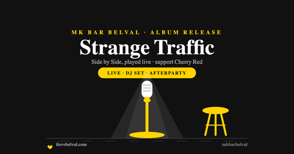 Strange Traffic album release at MK Bar Belval: a microphone in a spotlight with a stool, in the I Love Belval house style