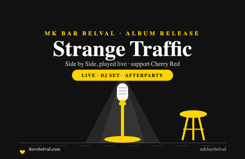 Strange Traffic album release at MK Bar Belval: a microphone in a spotlight with a stool, in the I Love Belval house style