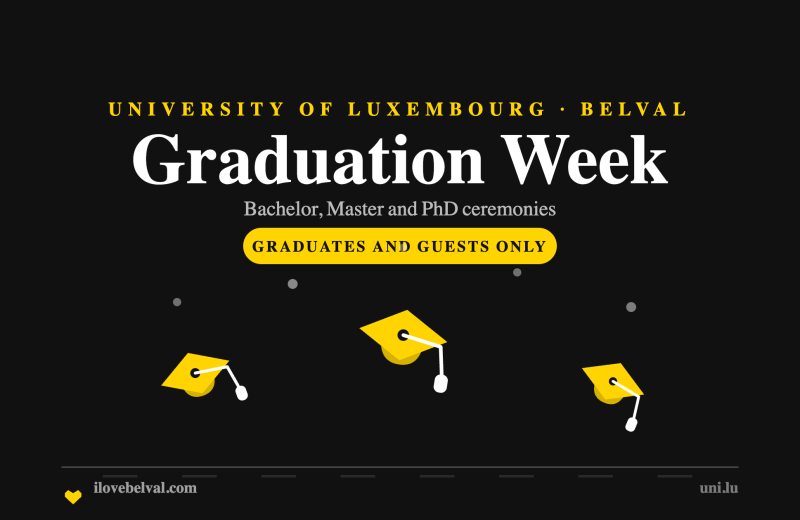 University of Luxembourg Graduation Week in Belval: three mortarboards thrown in the air, in the I Love Belval house style