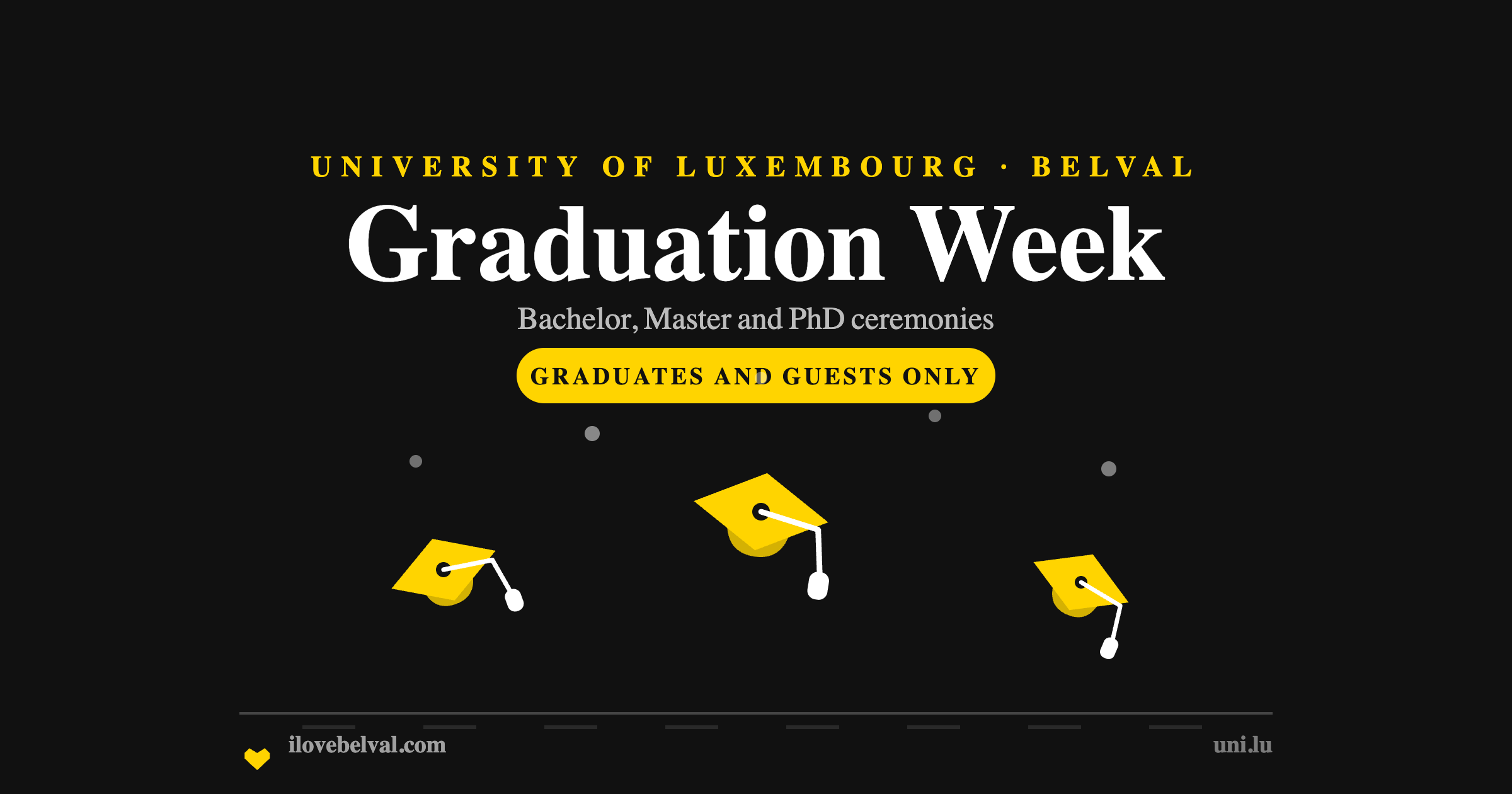 University of Luxembourg Graduation Week in Belval: three mortarboards thrown in the air, in the I Love Belval house style