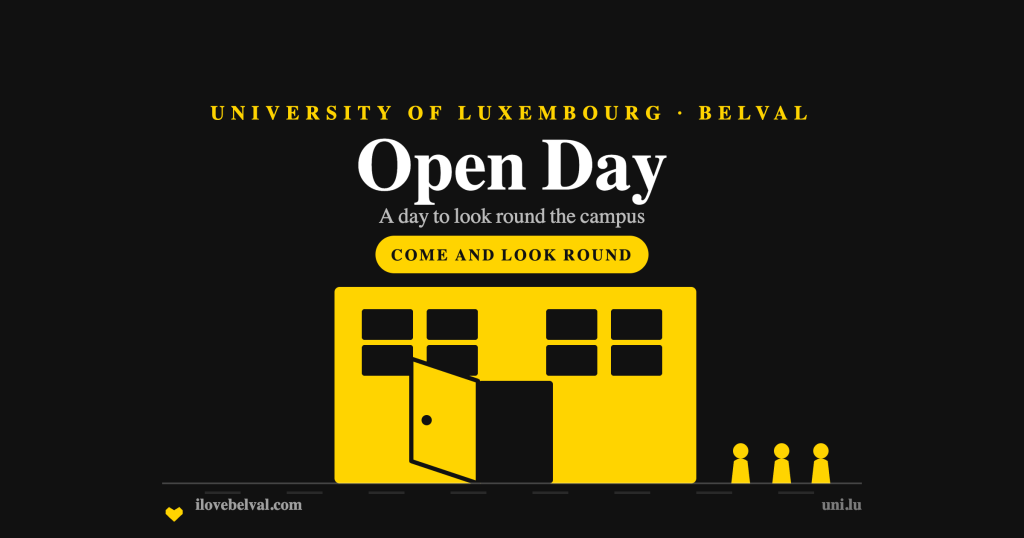 University of Luxembourg open day in Belval: a building with its door standing open and people walking towards it, in the I Love Belval house style