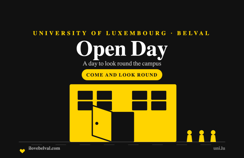 University of Luxembourg open day in Belval: a building with its door standing open and people walking towards it, in the I Love Belval house style