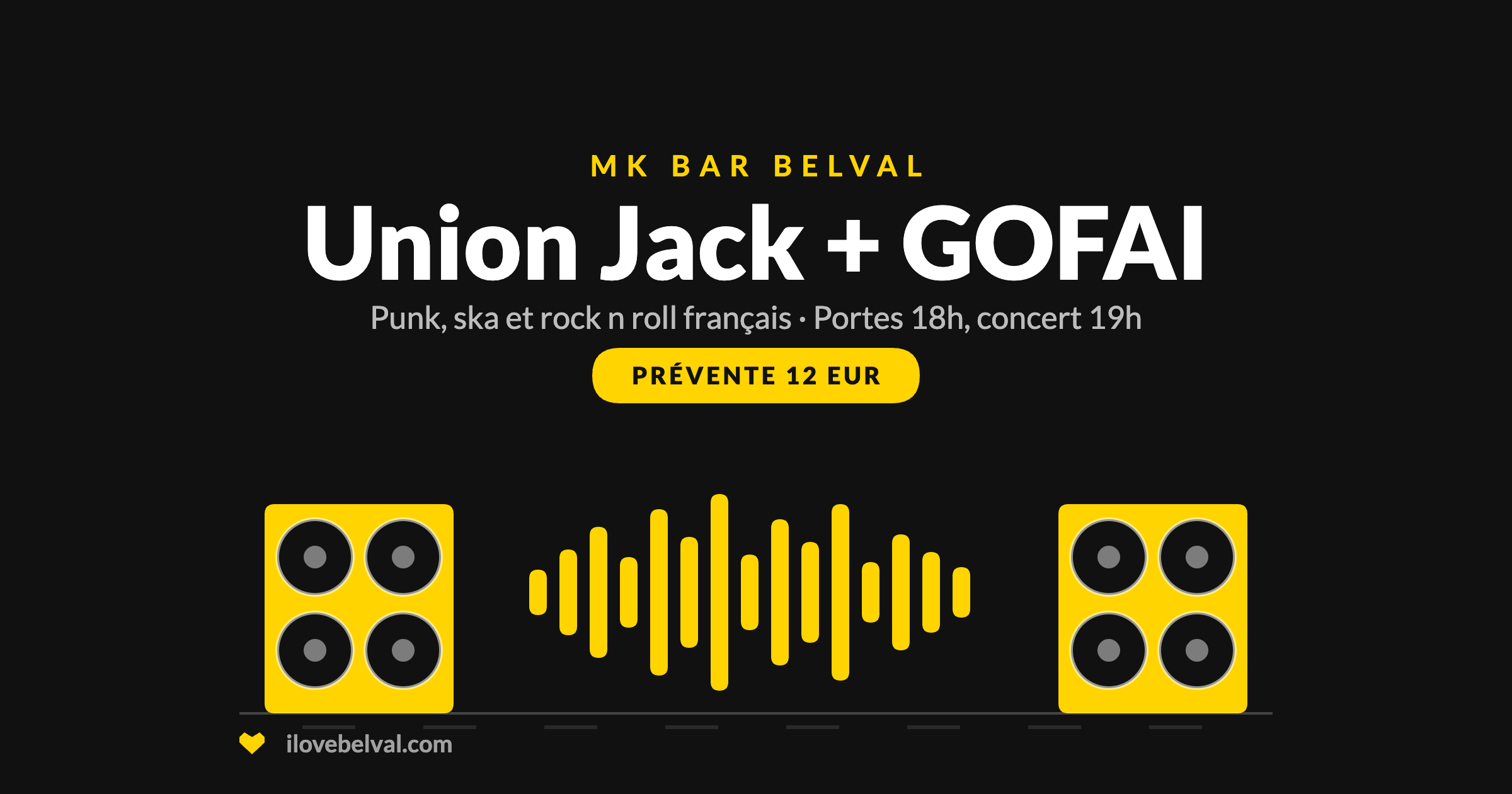 Union Jack + GOFAI au MK Bar, Belval, 7 octobre 2026 : deux enceintes et une forme d'onde sur une scène sombre
