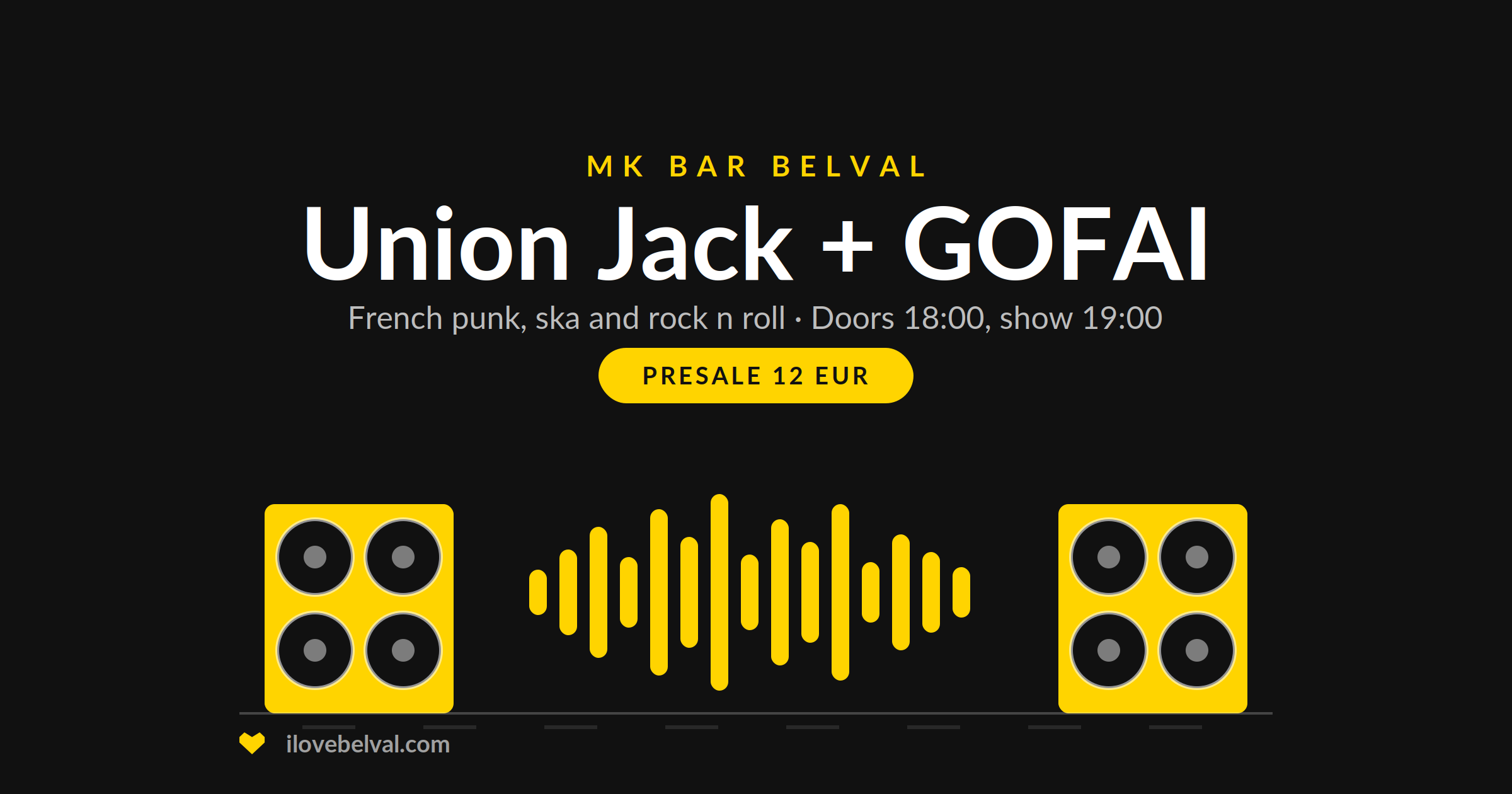 Union Jack + GOFAI at MK Bar, Belval, 7 October 2026: two speaker cabinets and a waveform on a dark stage