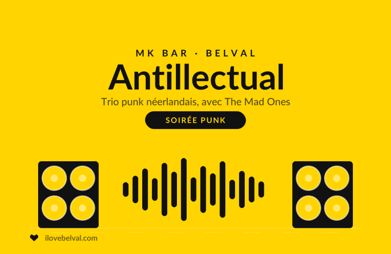 Antillectual au MK Bar, Belval : deux baffles et une onde sonore sur fond jaune