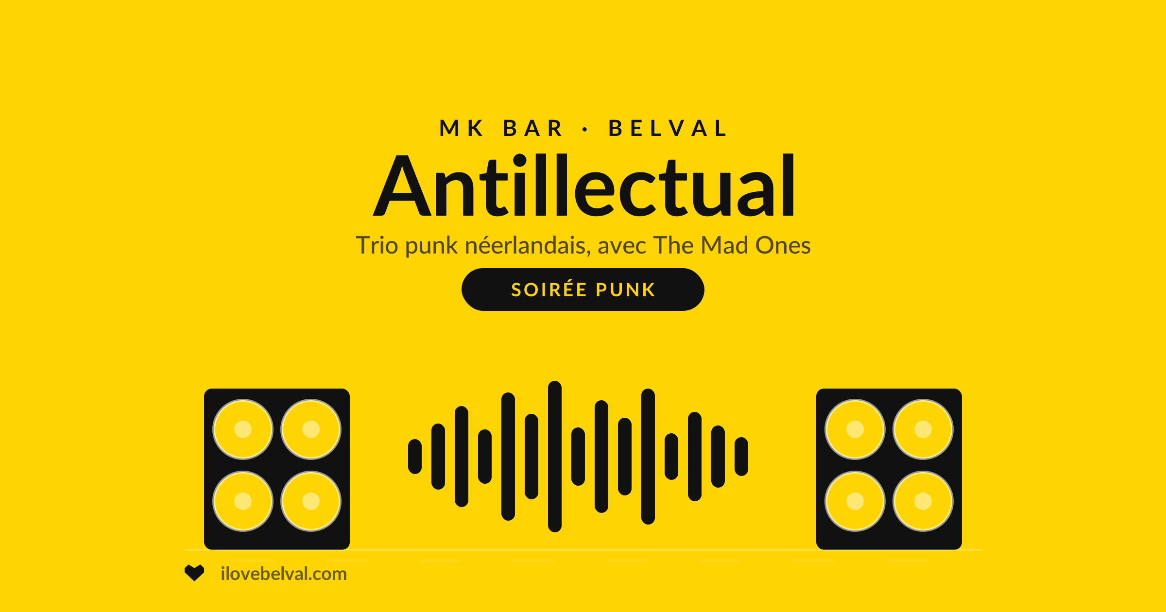 Antillectual au MK Bar, Belval : deux baffles et une onde sonore sur fond jaune