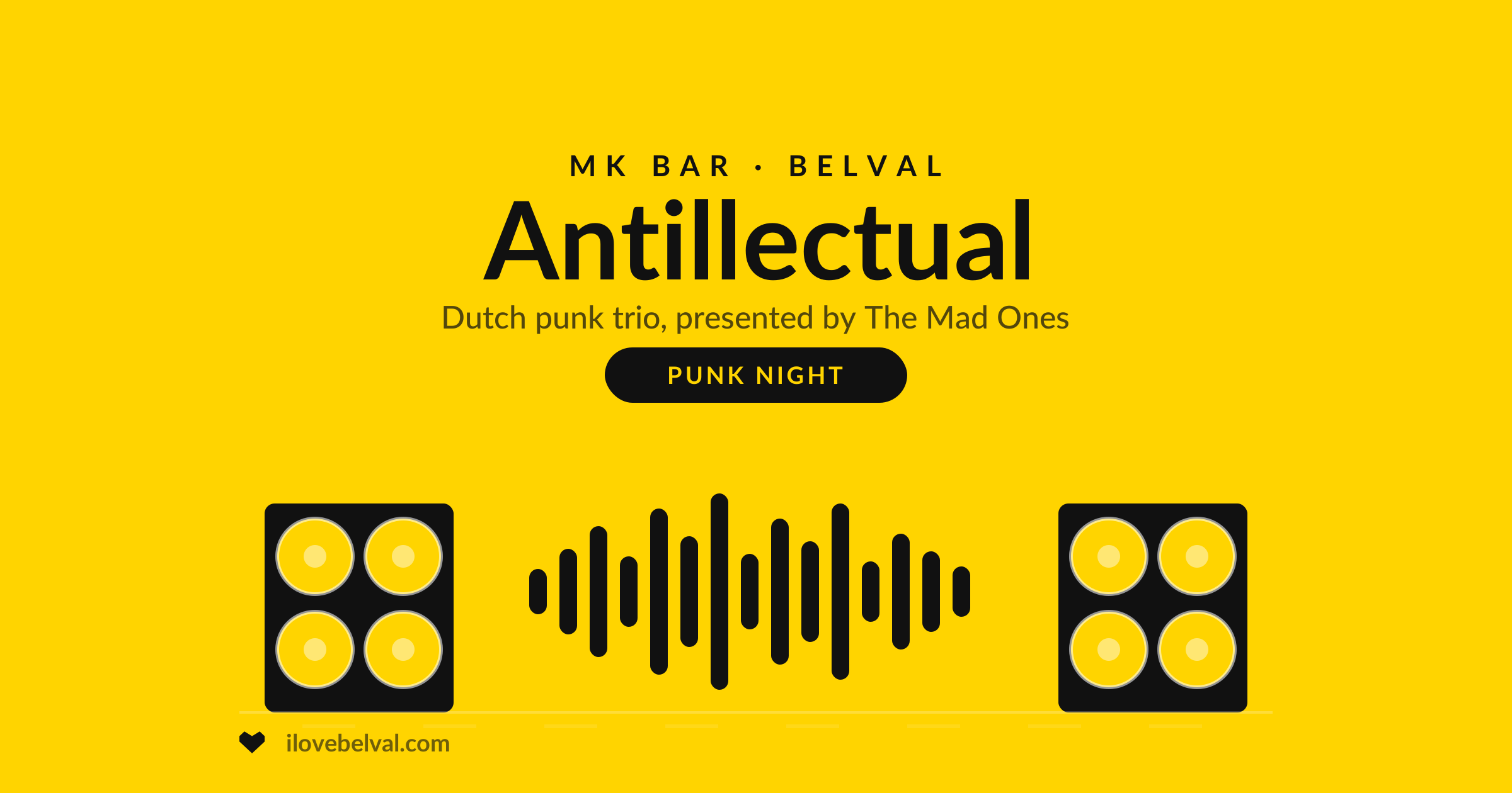 Antillectual at MK Bar, Belval: two amplifier cabinets and a sound wave on yellow