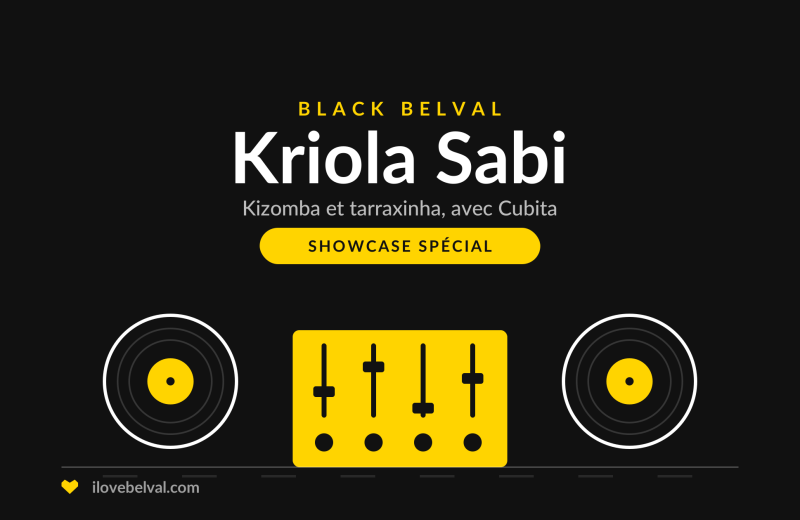 Illustration de deux platines et d'une table de mixage, titrée Kriola Sabi, kizomba et tarraxinha avec Cubita, Black Belval