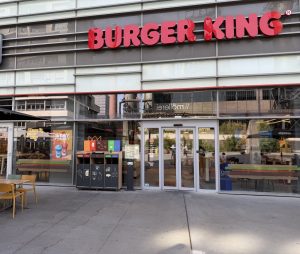 The Burger King entrance in Belval, under its red sign