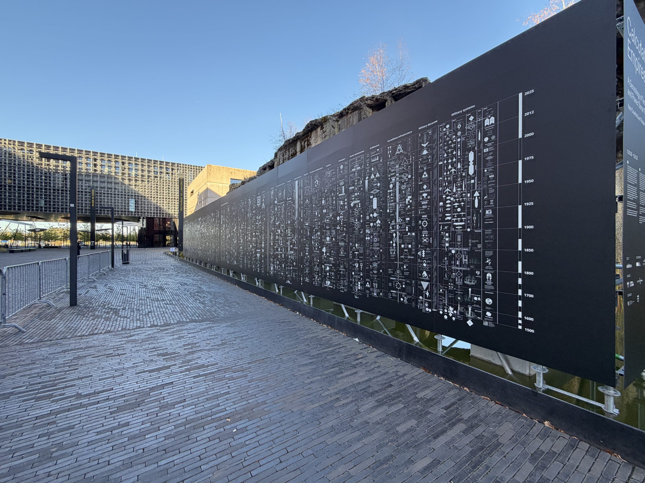 Calculating Empires, a 24-metre black timeline of technology and power from 1500 to 2025, set over the water basin at Socle C in Belval