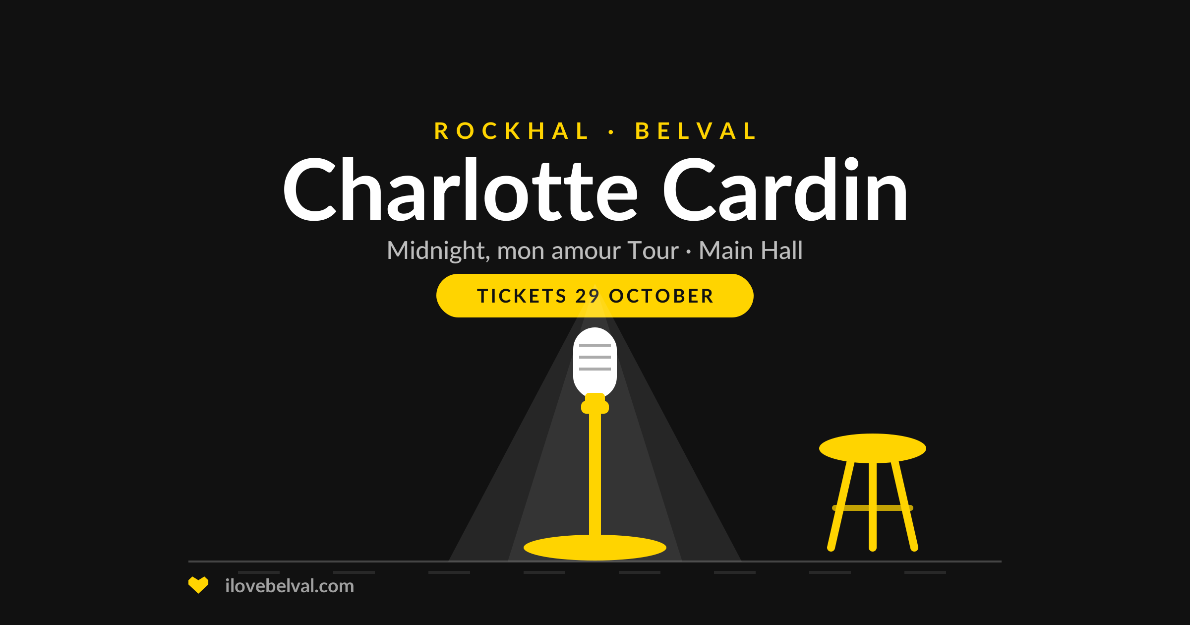 Charlotte Cardin, Midnight, mon amour Tour, at the Rockhal, Belval. A microphone in a spotlight and a stool.