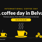 A coffee day in Belval, International Coffee Day: a steaming cup, an espresso and coffee beans in I Love Belval yellow, with the hours 06:30 to 22:00
