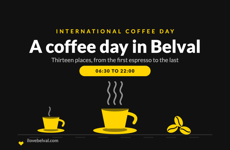 A coffee day in Belval, International Coffee Day: a steaming cup, an espresso and coffee beans in I Love Belval yellow, with the hours 06:30 to 22:00
