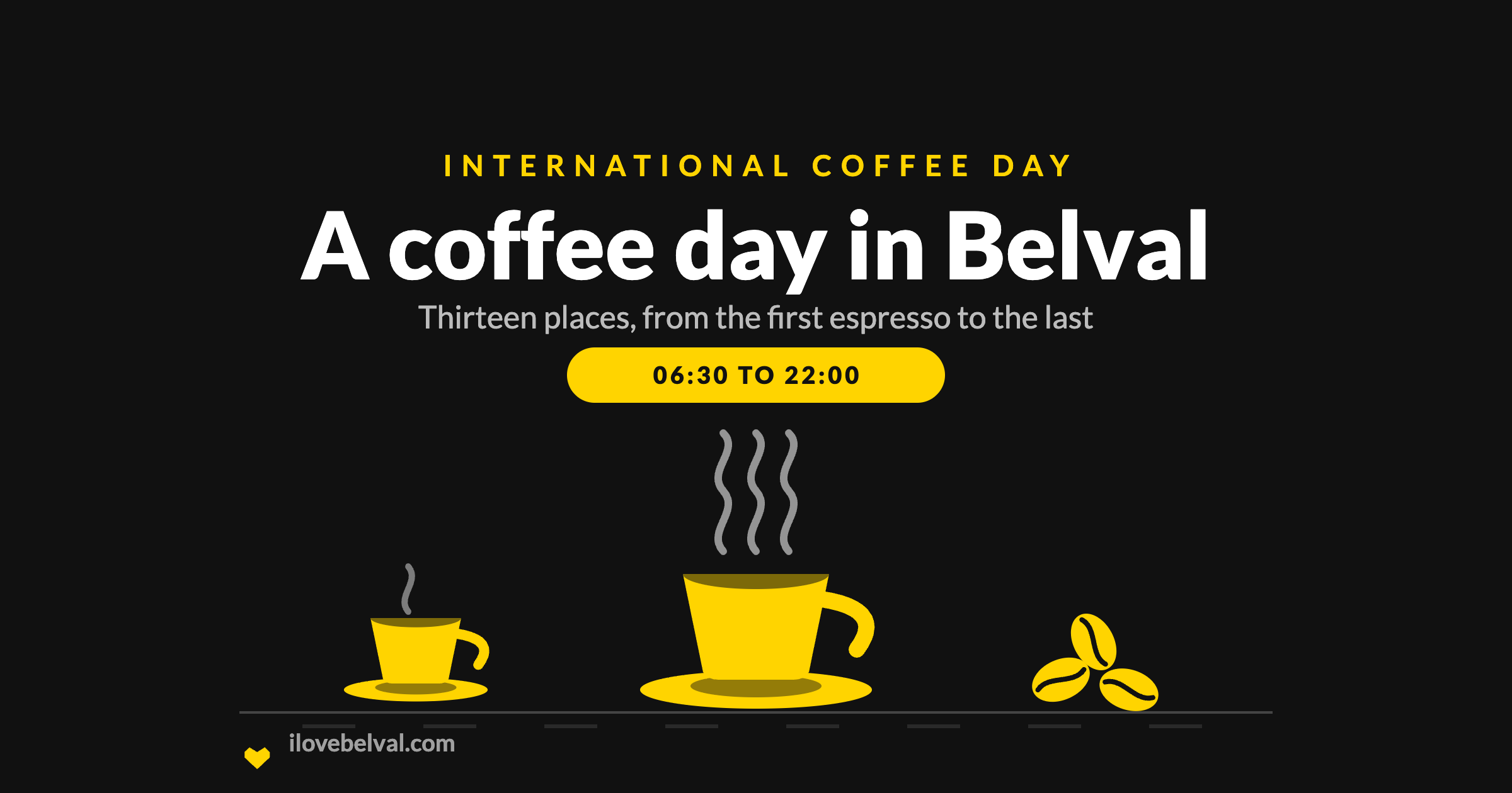 A coffee day in Belval, International Coffee Day: a steaming cup, an espresso and coffee beans in I Love Belval yellow, with the hours 06:30 to 22:00