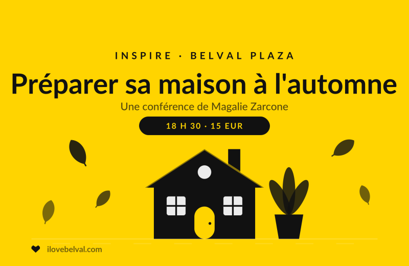 Préparer sa maison à l’automne, conférence de Magalie Zarcone chez INSPIRE, Belval Plaza : une maison aux fenêtres éclairées, une plante en pot et des feuilles qui tombent