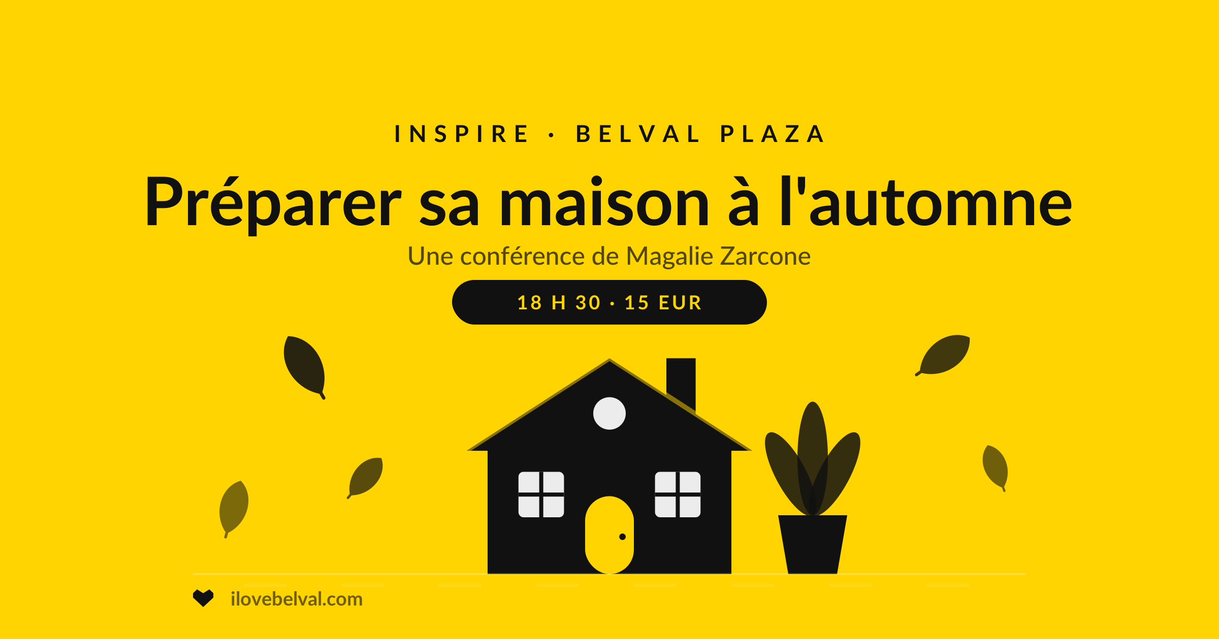 Préparer sa maison à l’automne, conférence de Magalie Zarcone chez INSPIRE, Belval Plaza : une maison aux fenêtres éclairées, une plante en pot et des feuilles qui tombent