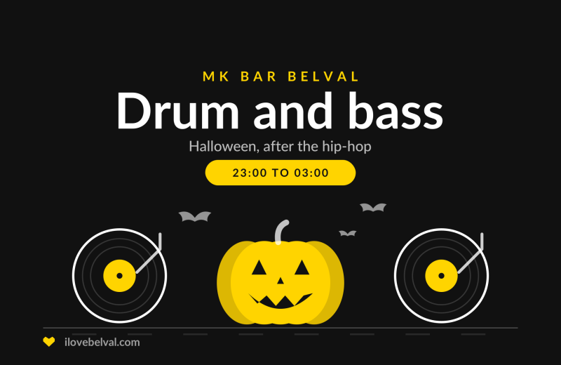 Halloween drum and bass at MK Bar Belval: two turntables with a carved pumpkin between them and bats, 23:00 to 03:00