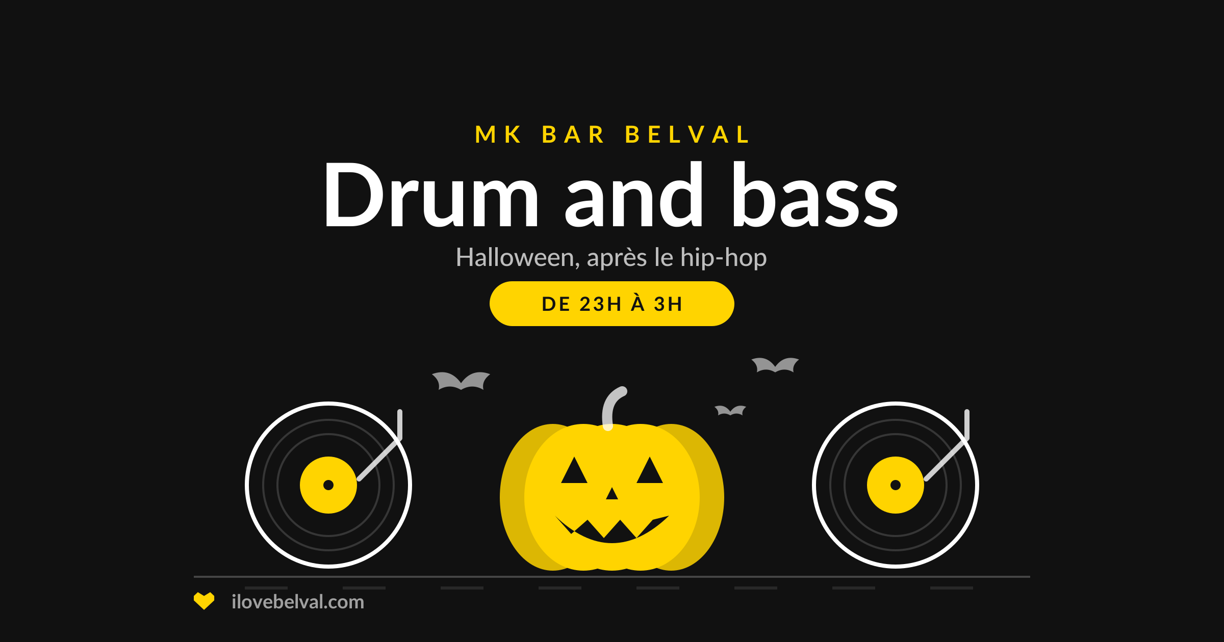 Drum and bass d’Halloween au MK Bar Belval : deux platines avec une citrouille sculptée et des chauves-souris, de 23h à 3h