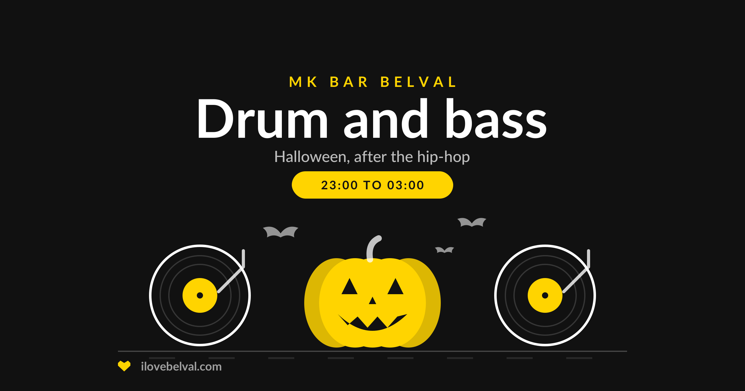 Halloween drum and bass at MK Bar Belval: two turntables with a carved pumpkin between them and bats, 23:00 to 03:00