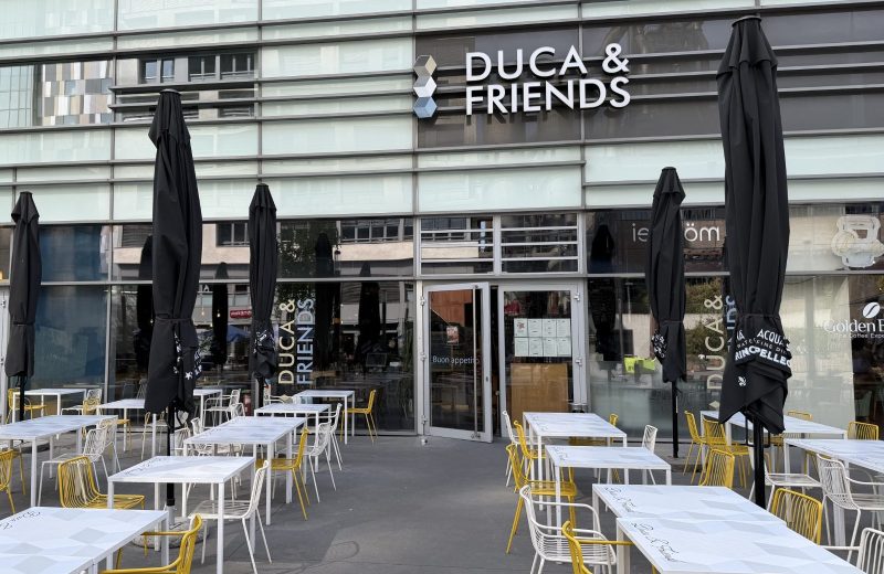 The Duca & Friends terrace in Belval, with parasols set out in front