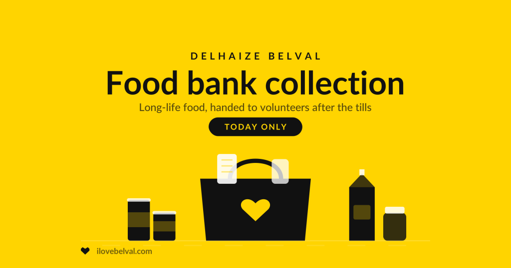 Food bank collection at Delhaize Belval: a shopping bag with a heart, tins, a carton of milk and a jar, today only