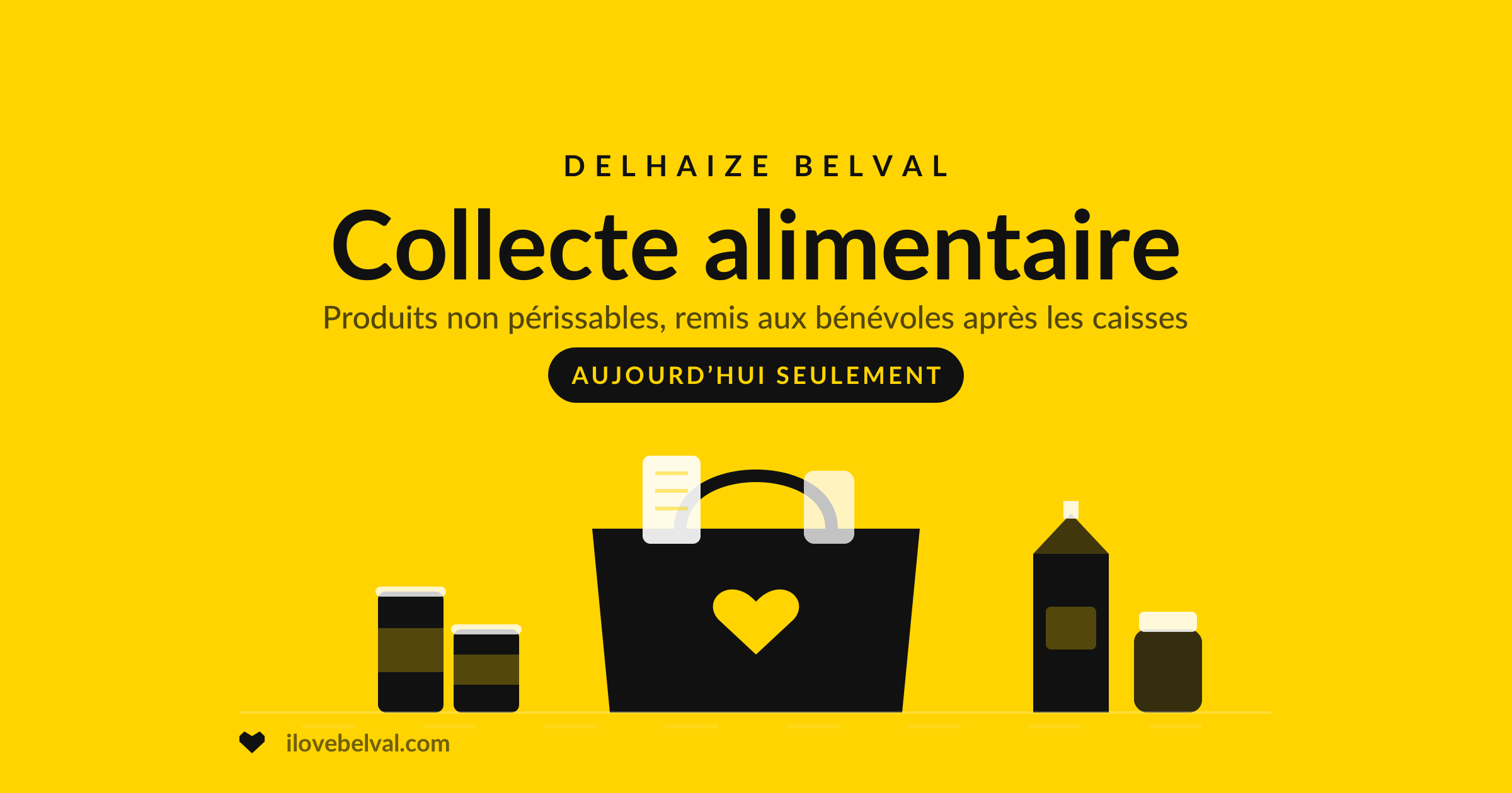 Collecte alimentaire chez Delhaize Belval : un sac de courses avec un cœur, des conserves, une brique de lait et un bocal, aujourd’hui seulement
